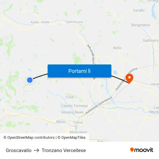 Groscavallo to Tronzano Vercellese map