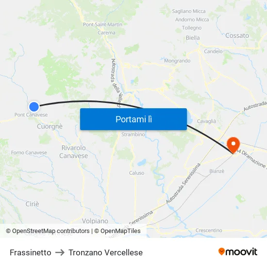 Frassinetto to Tronzano Vercellese map