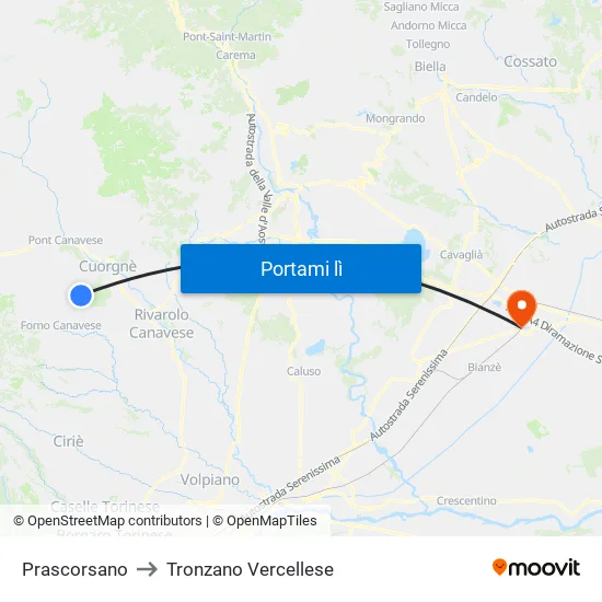 Prascorsano to Tronzano Vercellese map