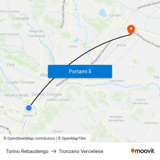 Torino Rebaudengo to Tronzano Vercellese map