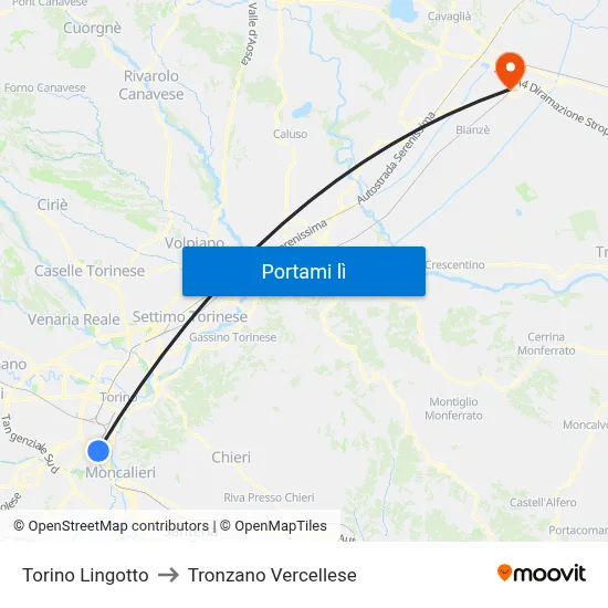 Torino Lingotto to Tronzano Vercellese map