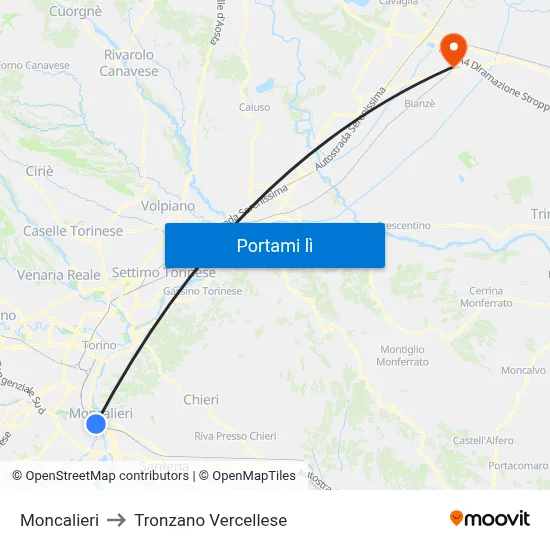 Moncalieri to Tronzano Vercellese map