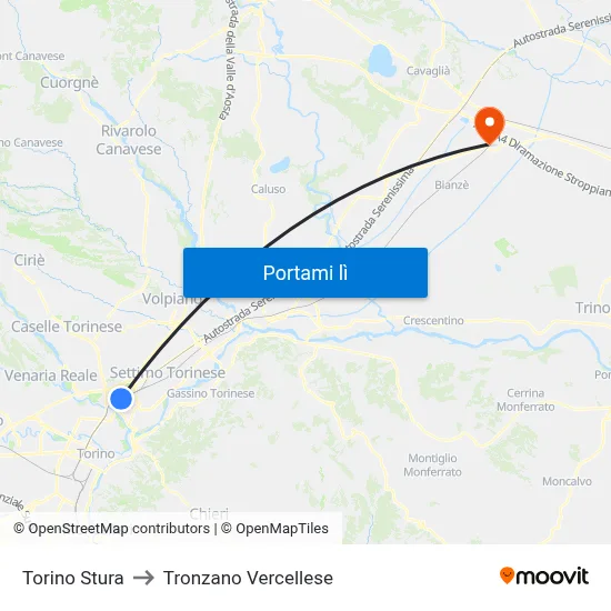 Torino Stura to Tronzano Vercellese map