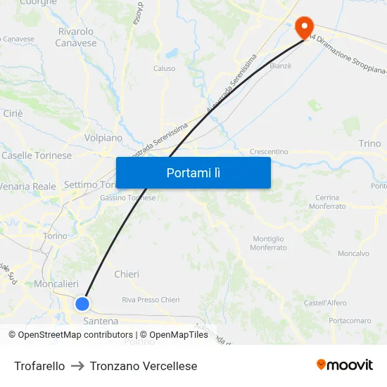 Trofarello to Tronzano Vercellese map