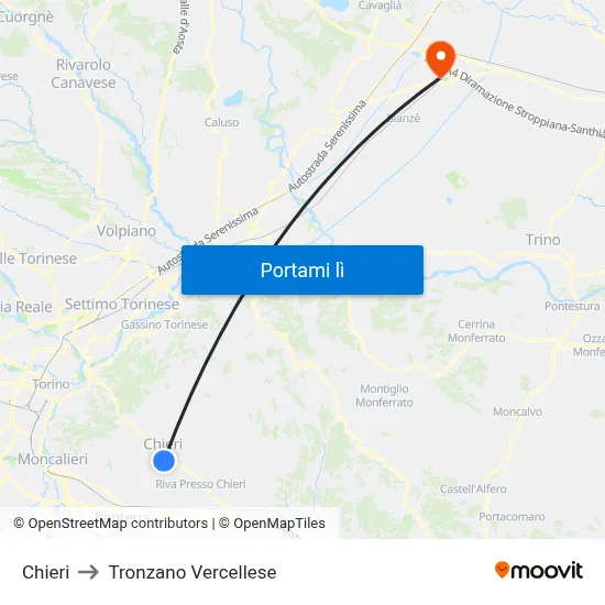 Chieri to Tronzano Vercellese map