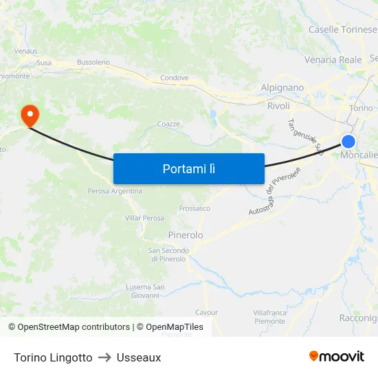 Torino Lingotto to Usseaux map