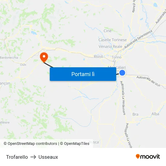 Trofarello to Usseaux map