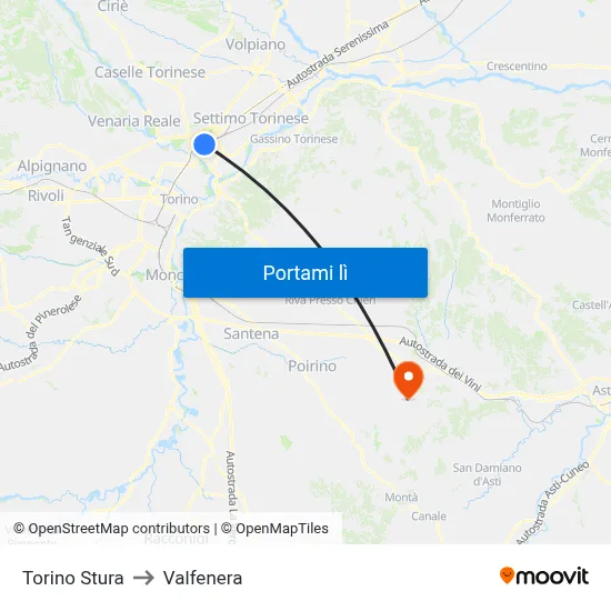 Torino Stura to Valfenera map