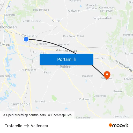 Trofarello to Valfenera map