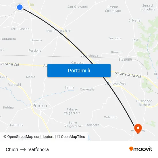 Chieri to Valfenera map