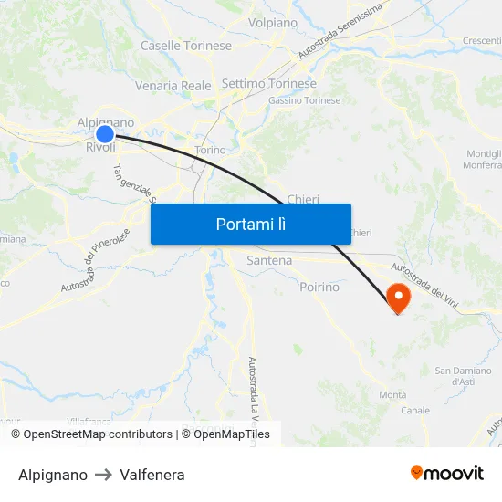 Alpignano to Valfenera map
