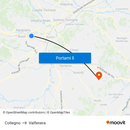 Collegno to Valfenera map