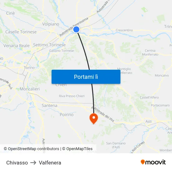 Chivasso to Valfenera map