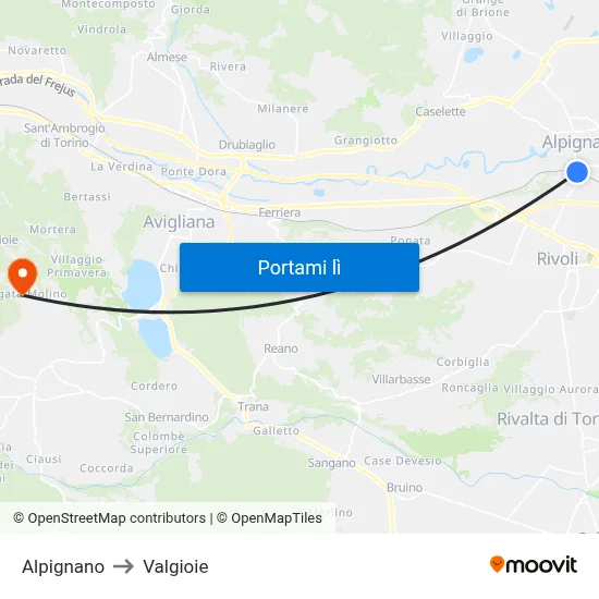 Alpignano to Valgioie map