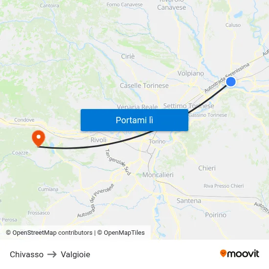 Chivasso to Valgioie map
