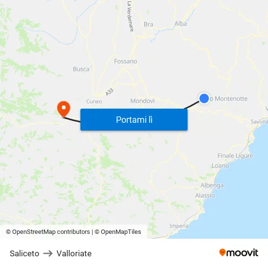 Saliceto to Valloriate map
