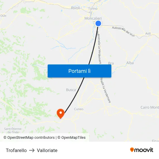 Trofarello to Valloriate map
