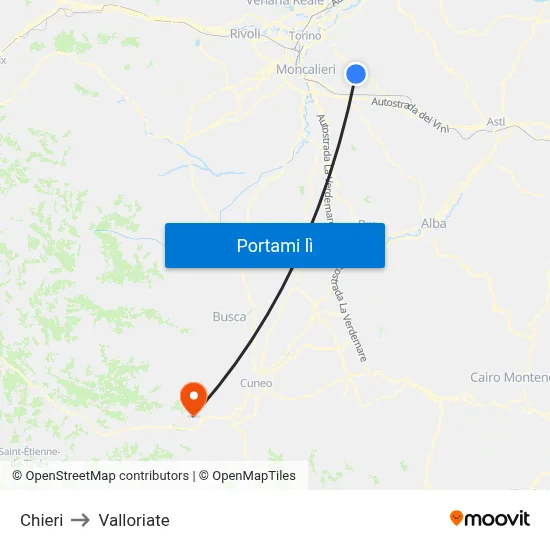 Chieri to Valloriate map