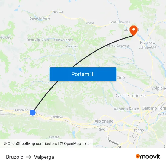Bruzolo to Valperga map