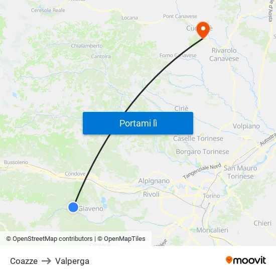 Coazze to Valperga map