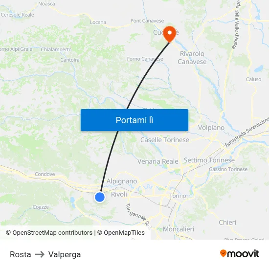 Rosta to Valperga map