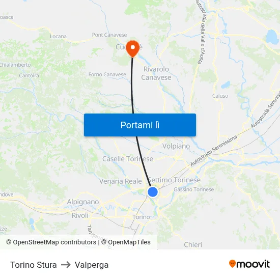 Torino Stura to Valperga map