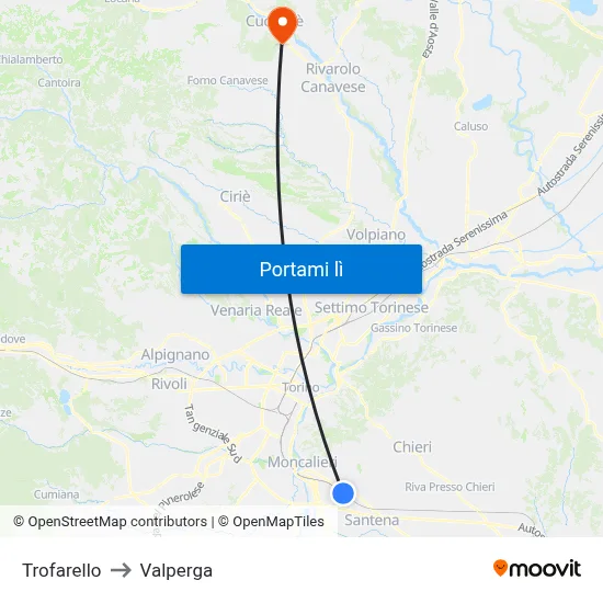 Trofarello to Valperga map