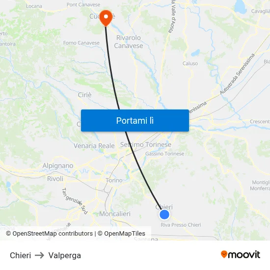 Chieri to Valperga map