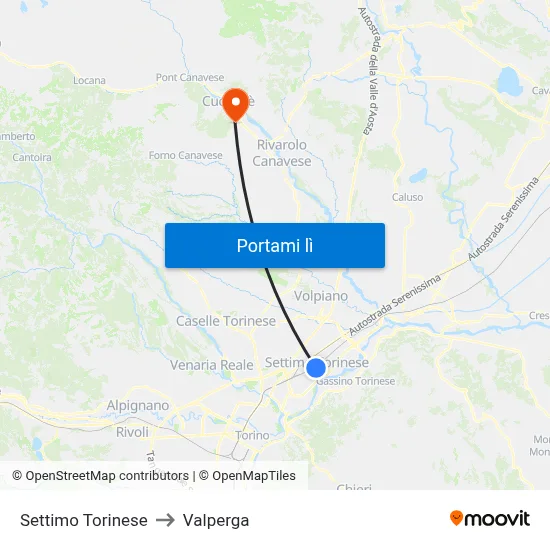 Settimo Torinese to Valperga map
