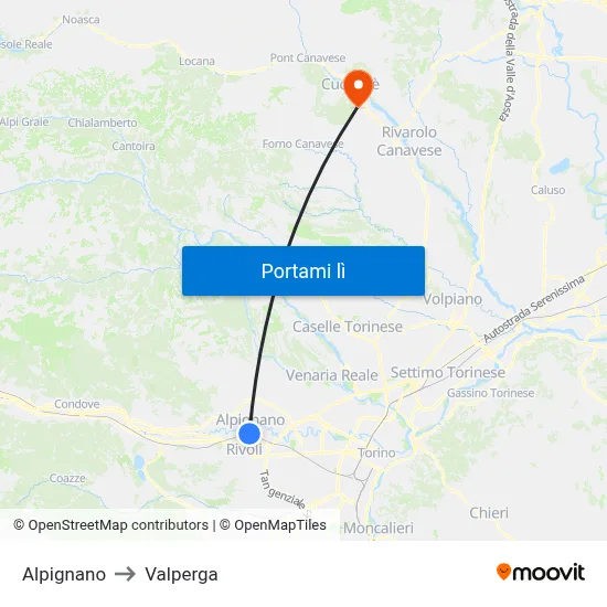 Alpignano to Valperga map