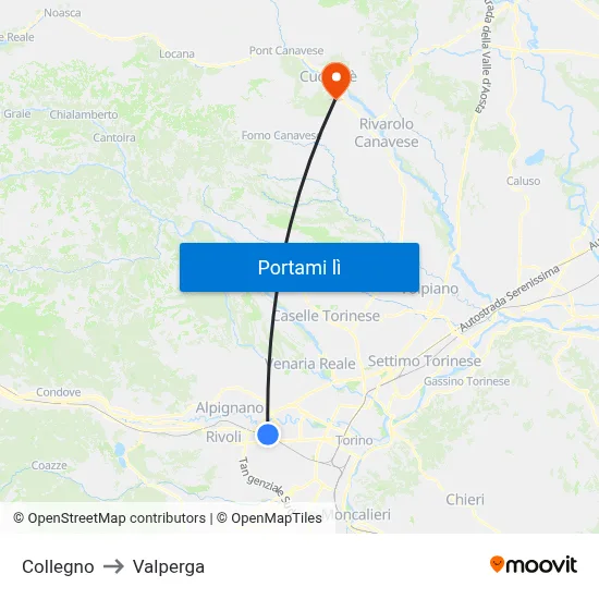 Collegno to Valperga map