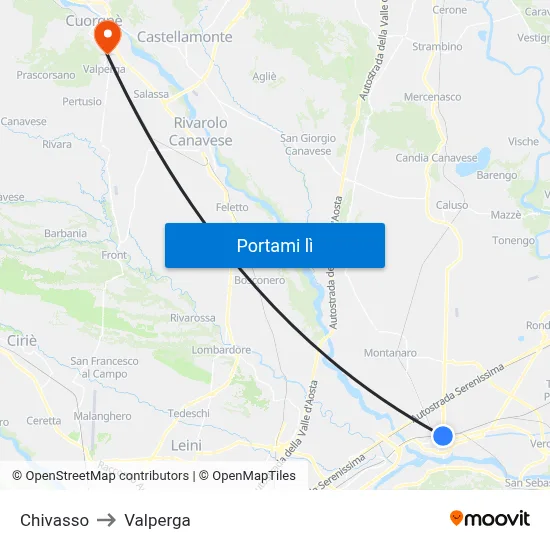 Chivasso to Valperga map