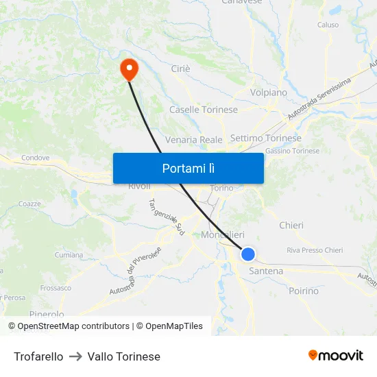 Trofarello to Vallo Torinese map