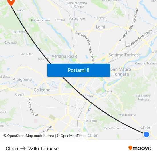 Chieri to Vallo Torinese map