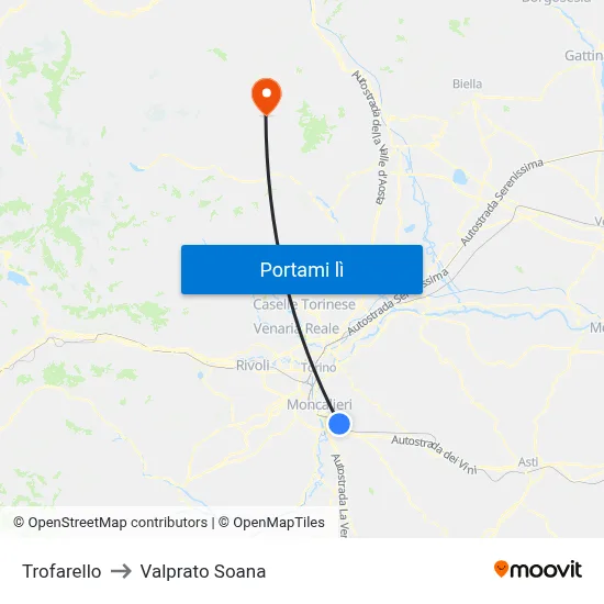 Trofarello to Valprato Soana map