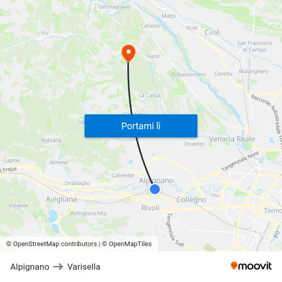 Alpignano to Varisella map