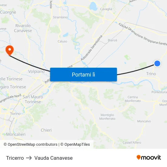 Tricerro to Vauda Canavese map