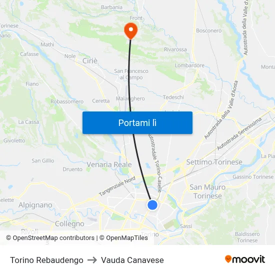Torino Rebaudengo to Vauda Canavese map