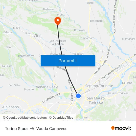 Torino Stura to Vauda Canavese map