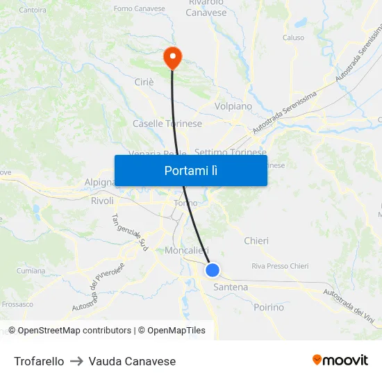 Trofarello to Vauda Canavese map