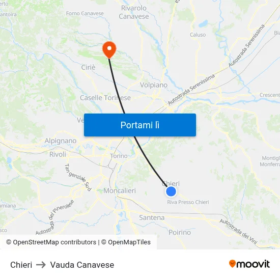 Chieri to Vauda Canavese map