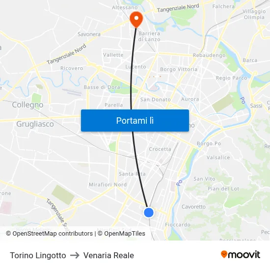 Torino Lingotto to Venaria Reale map