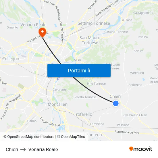 Chieri to Venaria Reale map