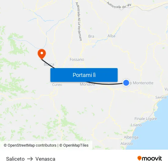 Saliceto to Venasca map