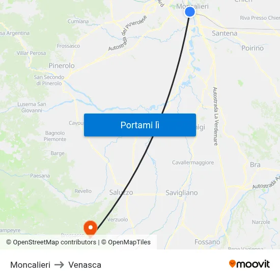 Moncalieri to Venasca map