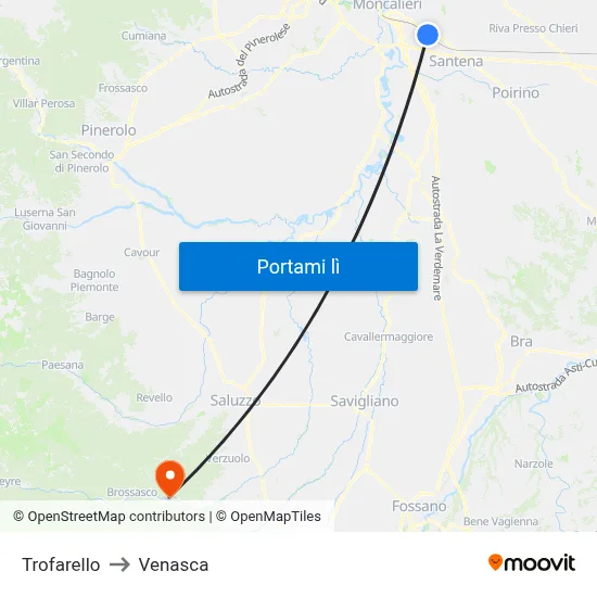 Trofarello to Venasca map