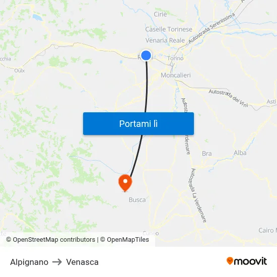 Alpignano to Venasca map