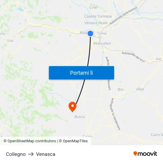 Collegno to Venasca map