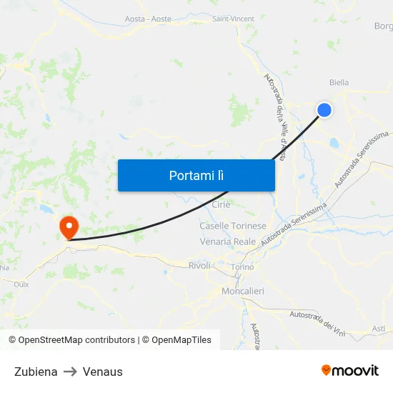 Zubiena to Venaus map