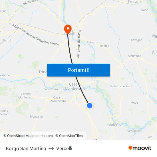 Borgo San Martino to Vercelli map